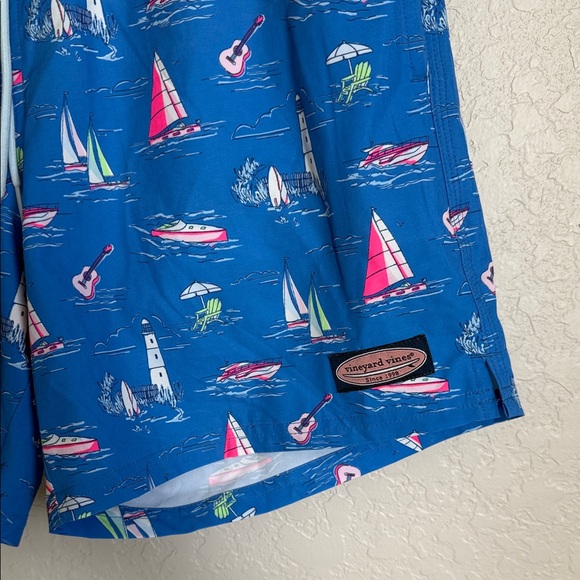 Vineyard Vines Blue Swim Trunks with Pink and White Sailboat Print - Picture 2 of 6